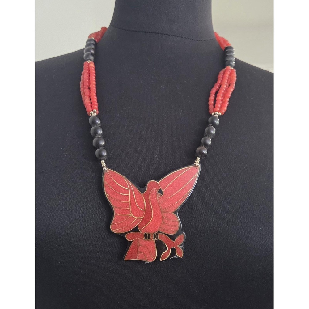 Lee Sands Vintage Necklace Beaded Tropical Bird Phoenix Pendant Inlay Gold Gilt